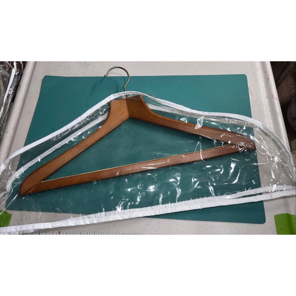 VTG‎ Wooden Suit Hanger With Rubber Teeth On The Bar And Dust Cover 17”
